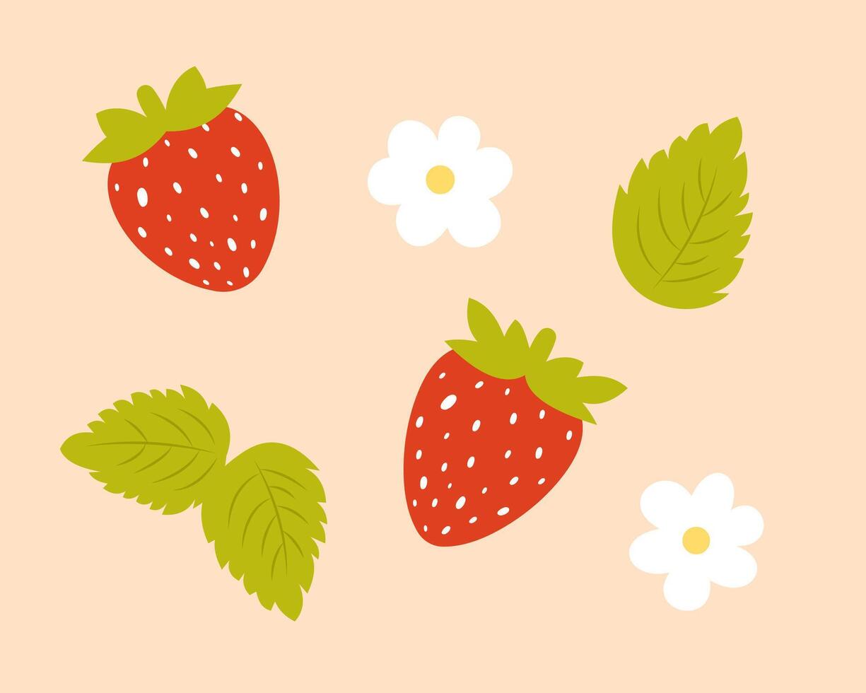 Strawberry set - berries, flowers and leaves. Hand drawn clipart in flat cartoon style. Sweet summer fruit vector