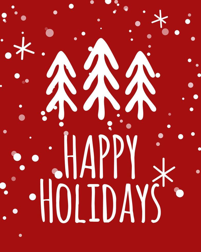 Happy Holidays card with Christmas trees and snowflakes. Christmas and New Year greeting postcard design vector
