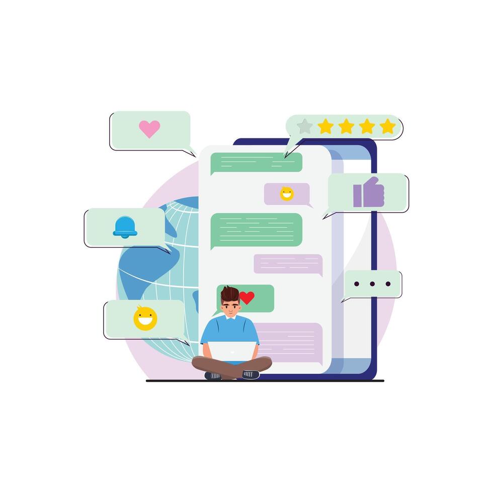 Young man working on a laptop, enveloped by oversized mobile screens filled with messaging app interfaces vector