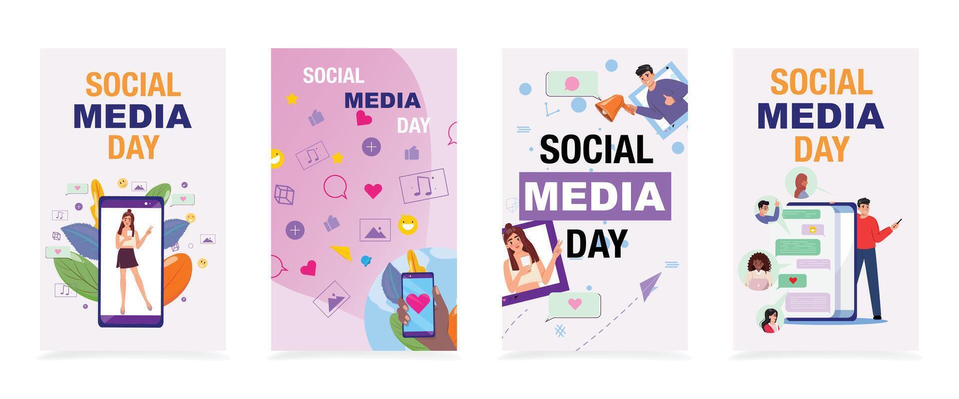 Social media day banners collection features diverse characters interacting online, highlighting the vibrant and engaging nature of digital communication vector