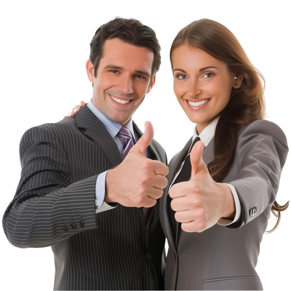 A cheerful male and female executive team giving a thumbs up, isolated on a transparent background png