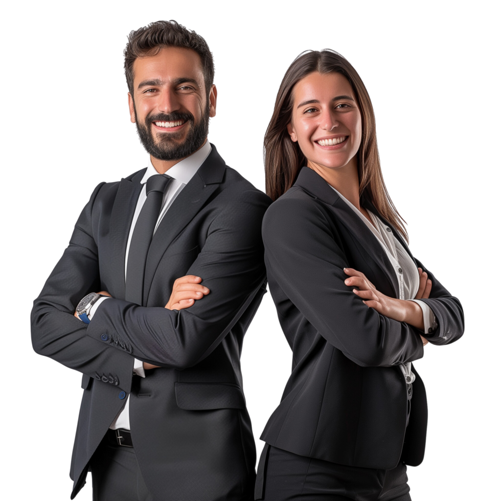 A cheerful business man and woman in a formal suit, arms crossed and smiling, isolated on a transparent background png
