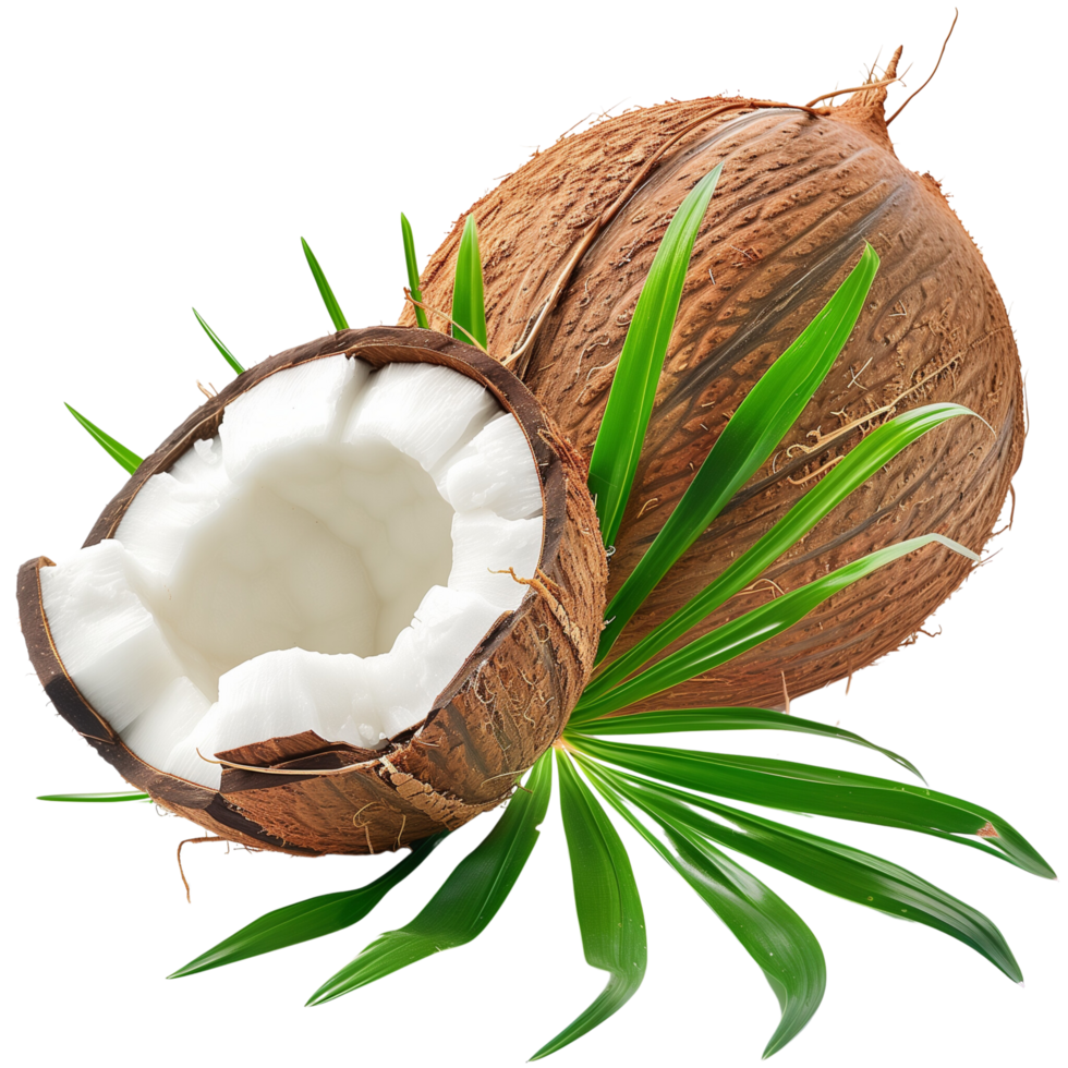 A perfectly ripe coconut with lush green leaves, isolated on a transparent background png