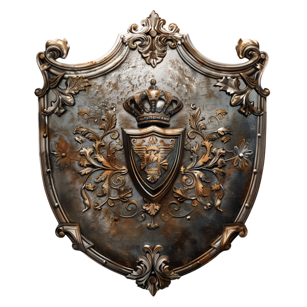 A historical metal shield with a coat of arms, isolated on a transparent background png