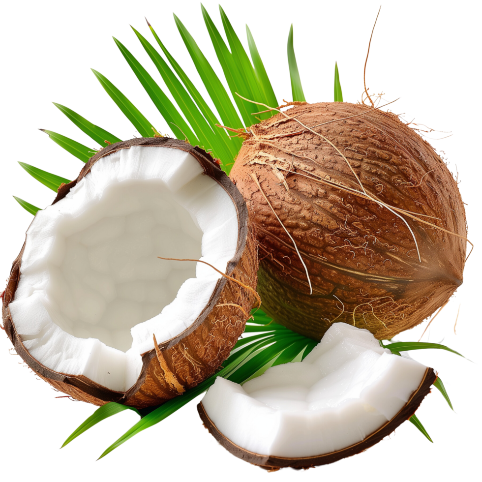 A perfectly ripe coconut with lush green leaves, isolated on a transparent background png