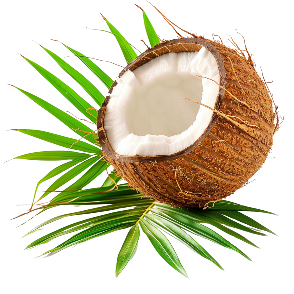 A perfectly ripe coconut with lush green leaves, isolated on a transparent background png