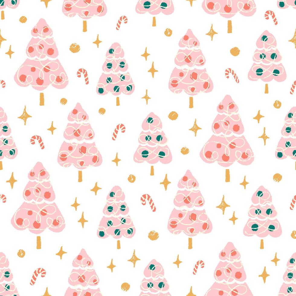 Cute pink, red and green Christmas tree seamless pattern on white background. Holiday season winter forest fun repeat pattern. Hand drawn illustration. vector