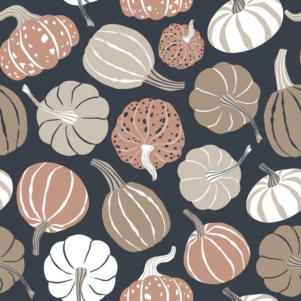 Elegant brown beige pumpkins scattered on dark background seamless pattern. Halloween modern repeat pattern for textile and paper design. vector