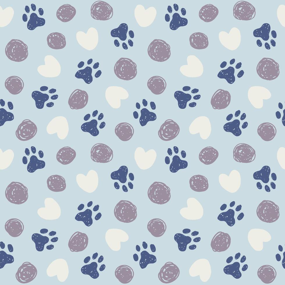 Pet paw print seamless pattern with circles and hearts. Hand drawn textured cat, dog repeat background. Animal print for fabric, paper design. vector