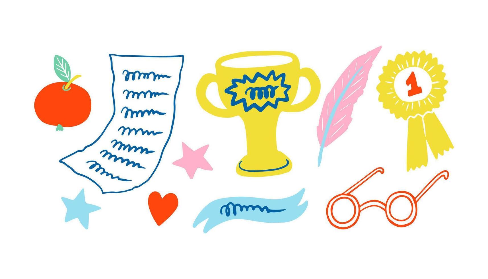 Cute stationery set. Office, school supplies, flat design. Notebook, pen, pencil, ruler, paper clip, sticky notes, push pin, highlighter, glue, eraser, scissors. vector