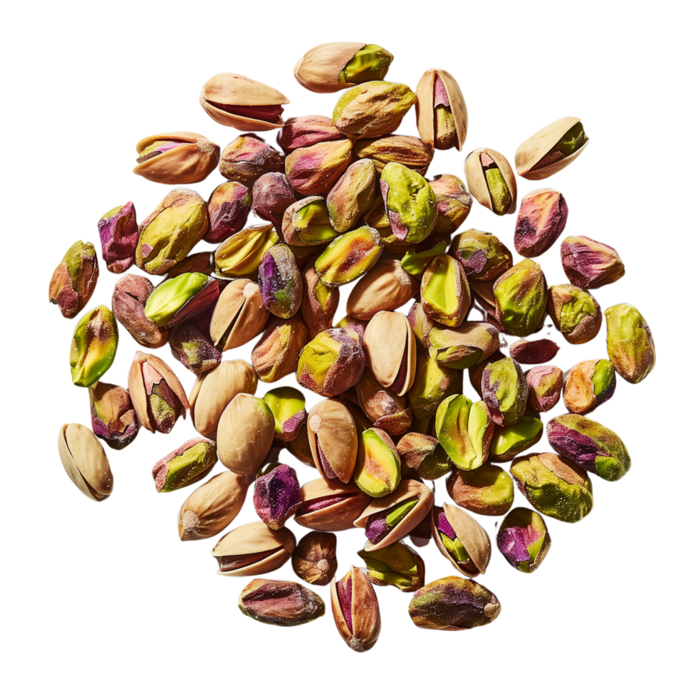 A perfectly arranged pile of pistachios, glistening under studio lights, isolated on a transparent background png
