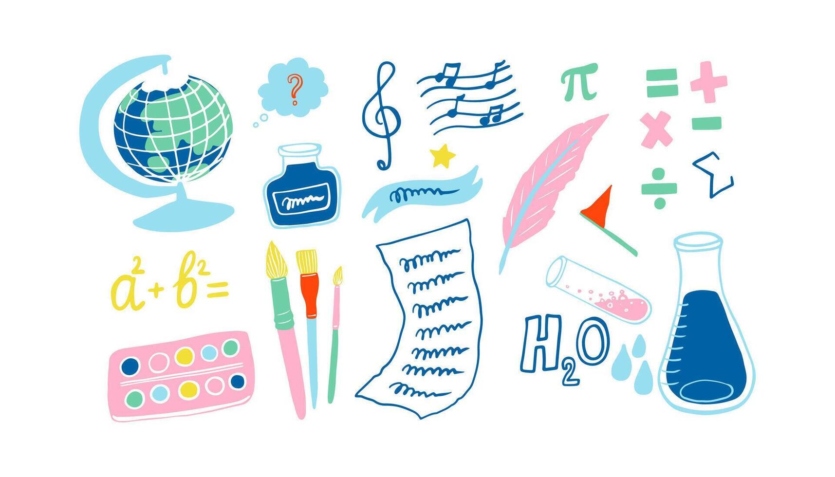 Cute school subjects, equipment, formulas and other education related elements set. Flat design. Globe, ink, paper, science, formulas, music, art, maths, etc. vector