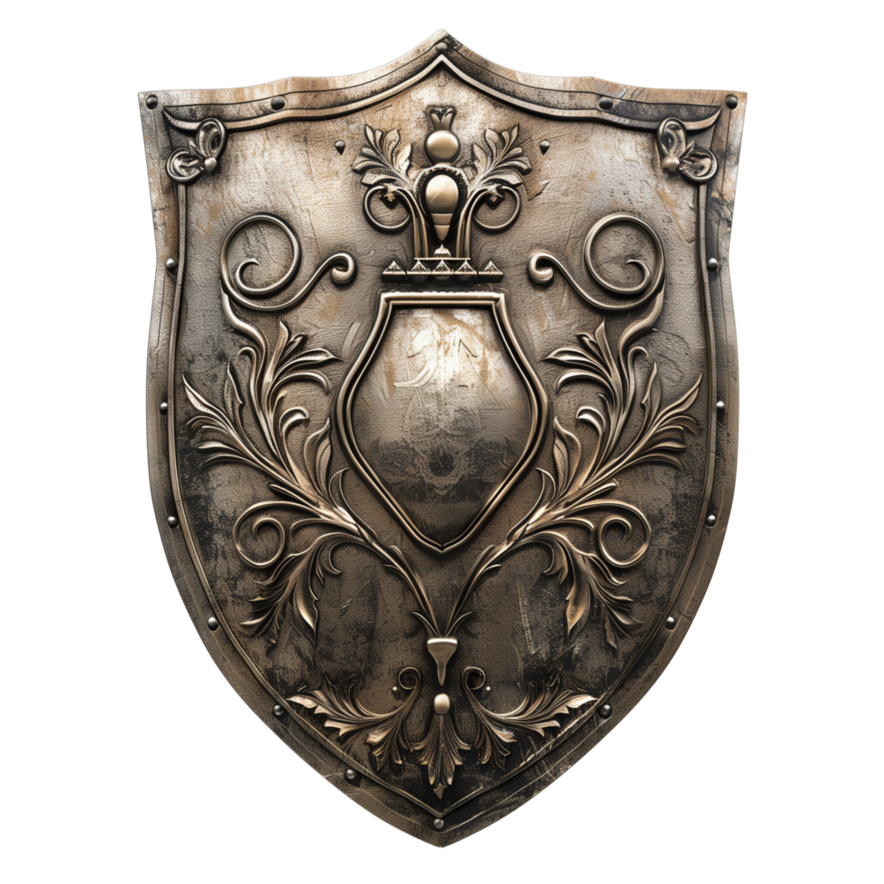 A historical metal shield with a coat of arms, isolated on a transparent background png