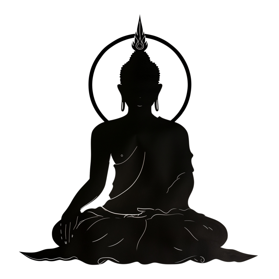 A serene Lord Buddha silhouette, gracefully seated with a halo of light, isolated on a transparent background png