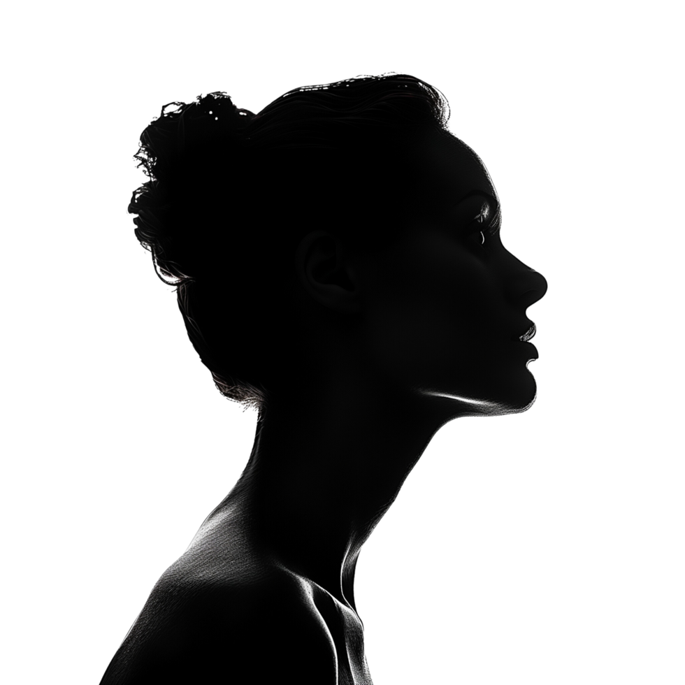 A serene silhouette of a woman's profile isolated on a transparent background png