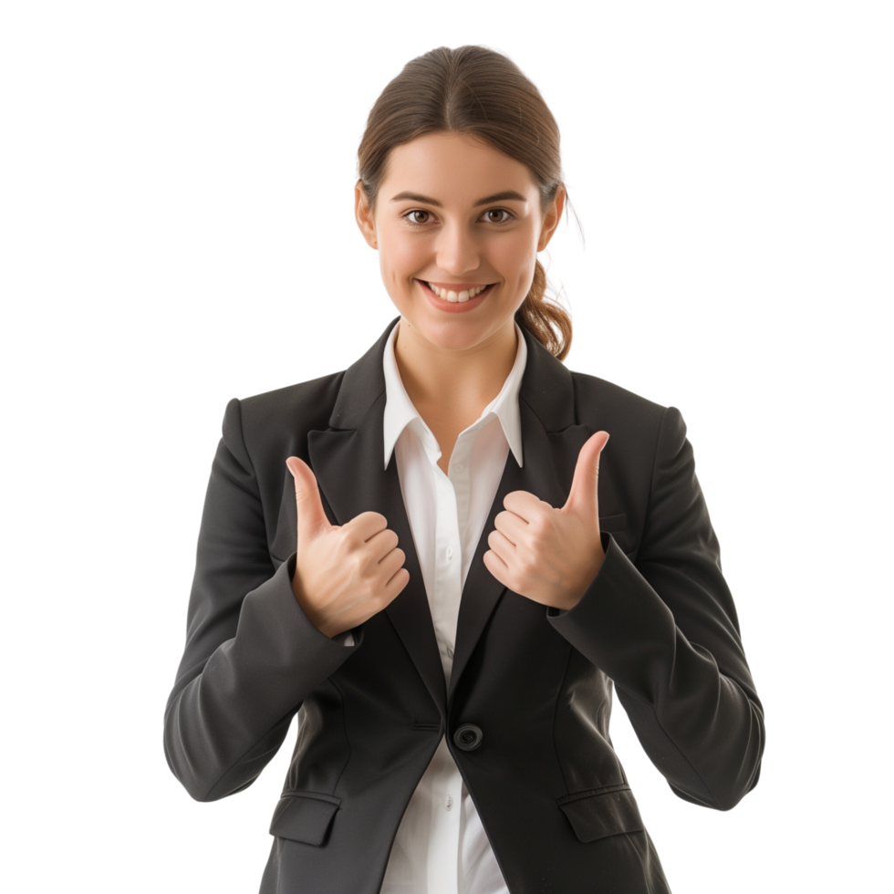 A successful businesswoman in a formal suit, gesturing positively and smiling, isolated on a transparent background png