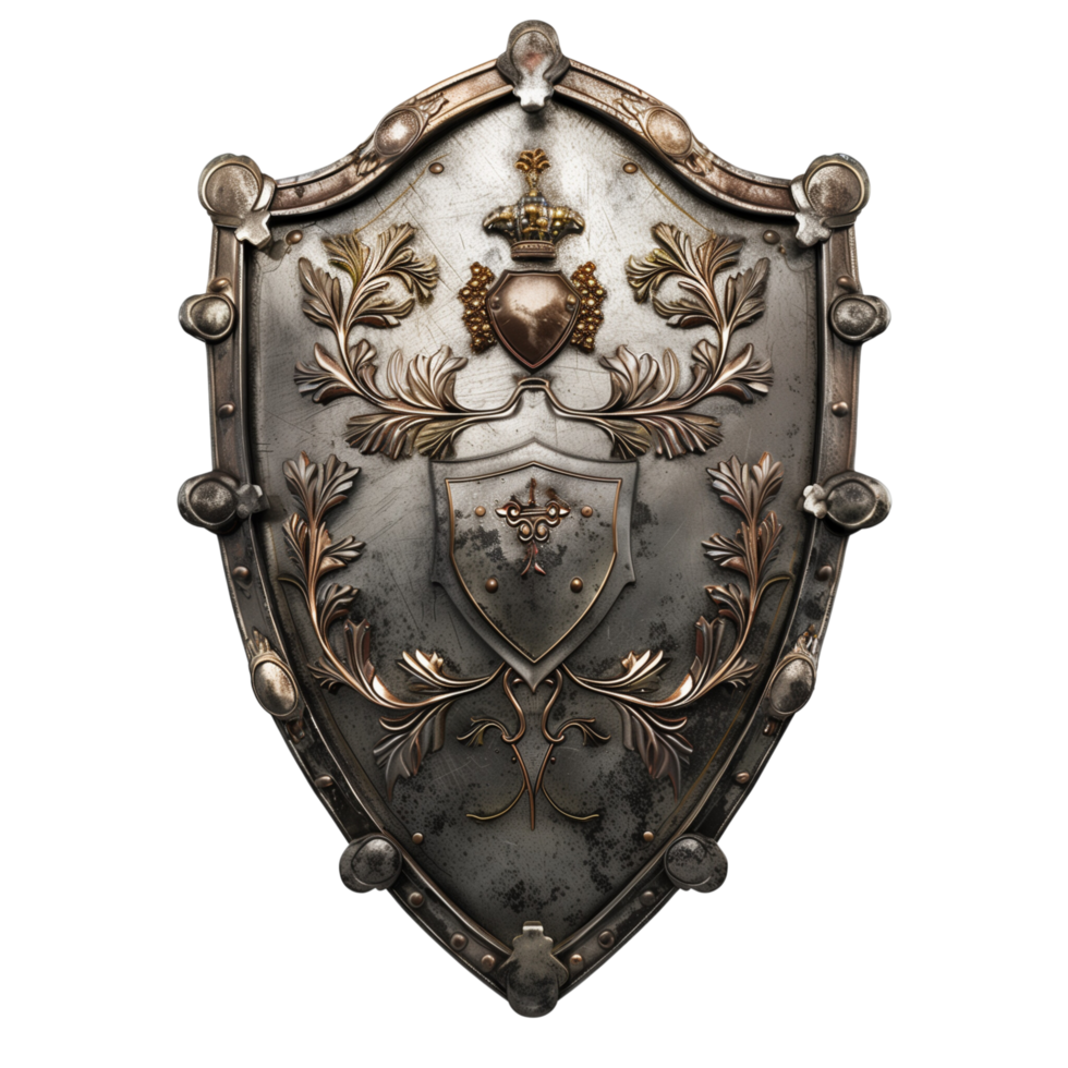 A historical metal shield with a coat of arms, isolated on a transparent background png