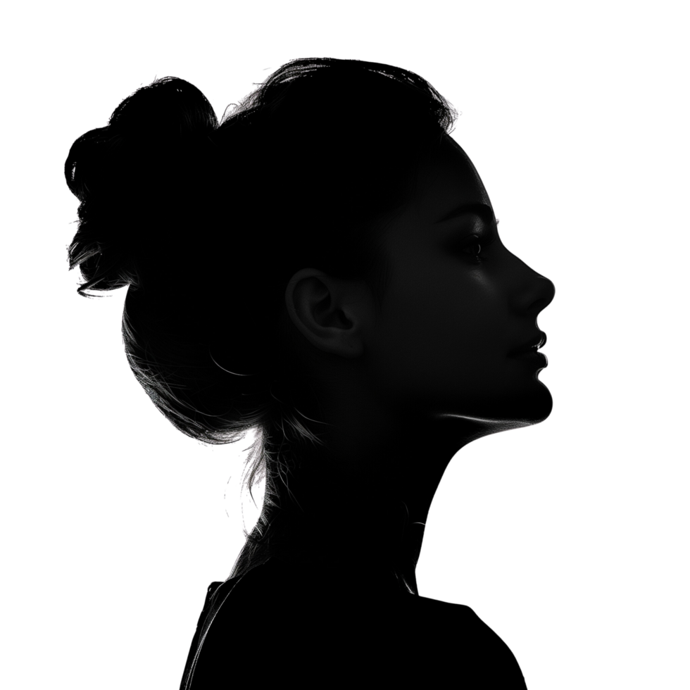 A serene silhouette of a woman's profile isolated on a transparent background png