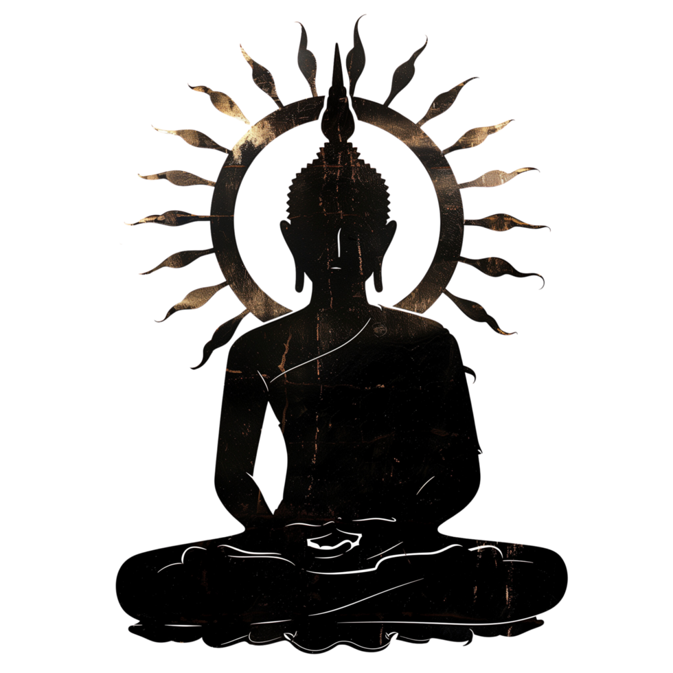 A serene Lord Buddha silhouette, gracefully seated with a halo of light, isolated on a transparent background png