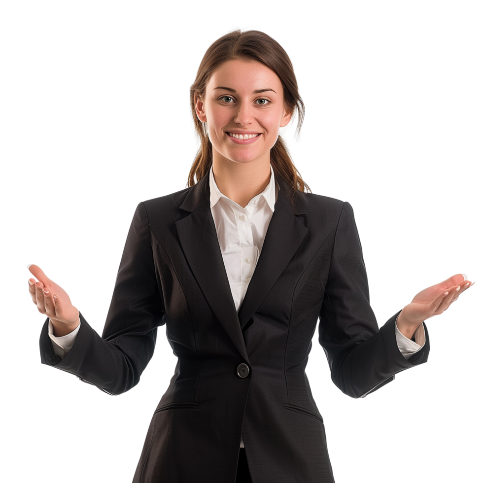 A successful businesswoman in a formal suit, gesturing positively and smiling, isolated on a transparent background png