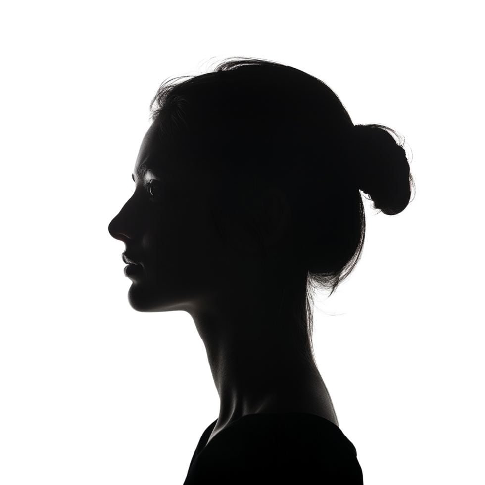 A serene silhouette of a woman's profile isolated on a transparent background png