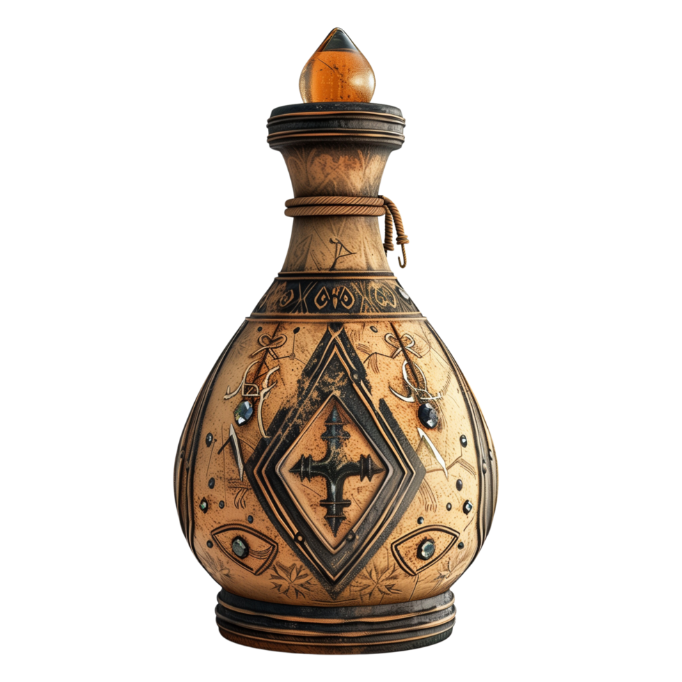 An ancient magic potion bottle, with ornate engravings and mystical symbols, isolated on a transparent background png