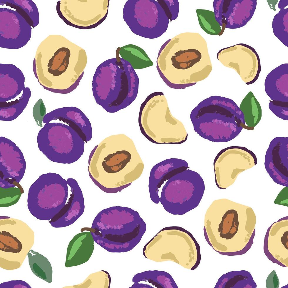 Hand drawn fruit plum seamless pattern for print, textile packaging, wallpaper design. Summer fruits repeating background with plums drawn in crayons. illustration vector