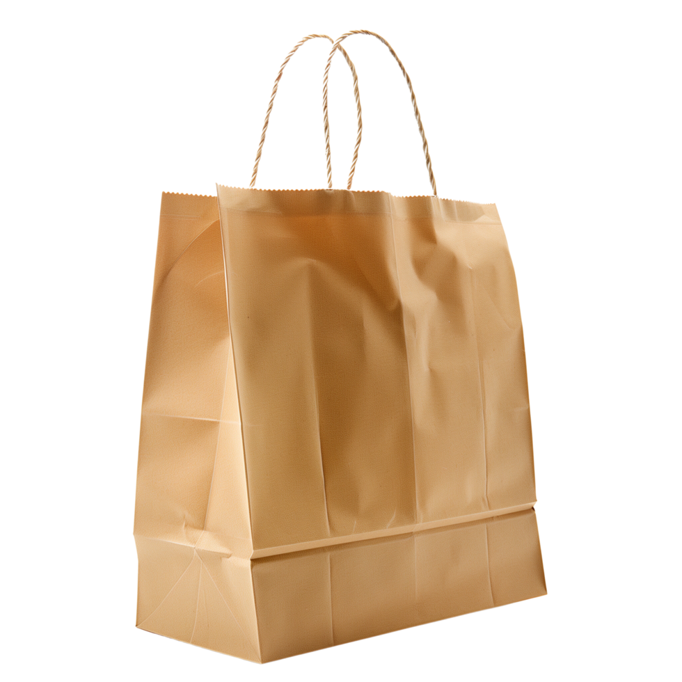 A side view of a blank eco-friendly recyclable shopping paper bag isolated on a transparent background png