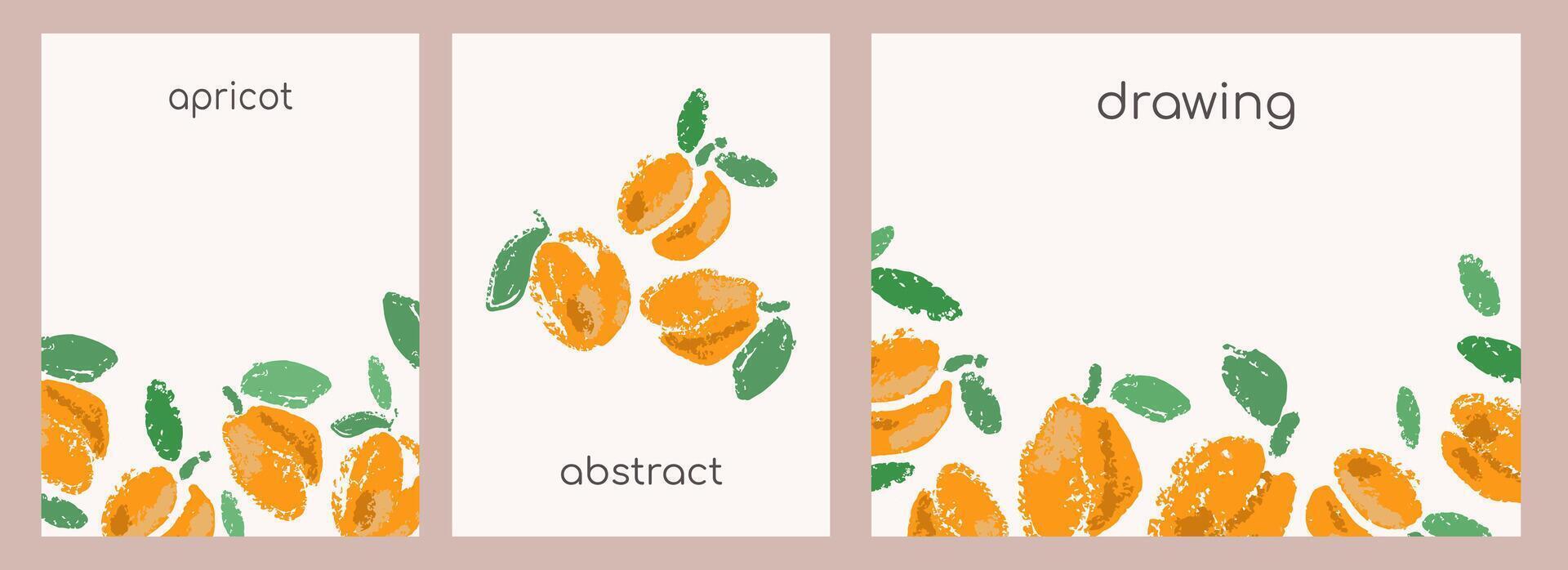 Organic food fruit apricots flyers,banners templates set.Crayons pastel hand drawn fruits simple modern minimal style.Abstract art for products presentation,print, poster,templates,cover design. vector