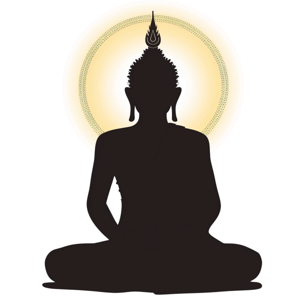 A serene Lord Buddha silhouette, gracefully seated with a halo of light, isolated on a transparent background png