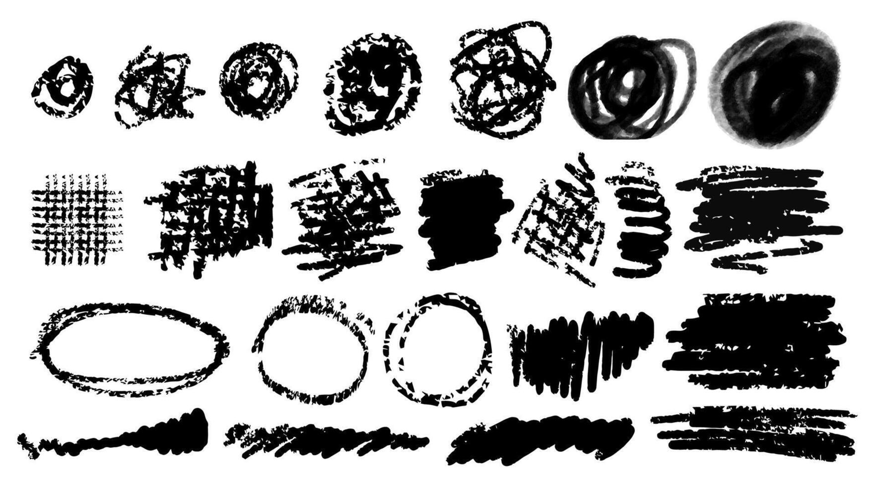 Crayons or Charcoal pencil black doodles hand drawn set.Scribble brush strokes,swirl,daub with grunge texture illustration.Sloppy doodle design elements collection vector