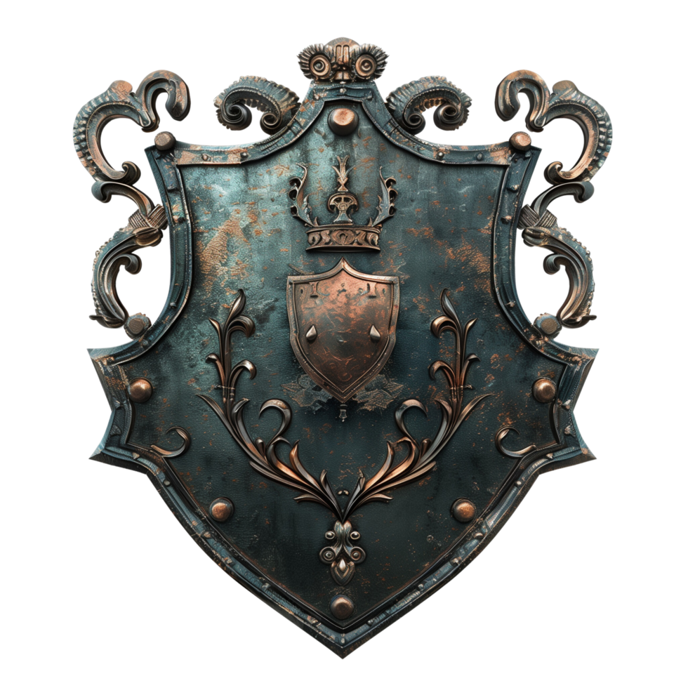 A historical metal shield with a coat of arms, isolated on a transparent background png