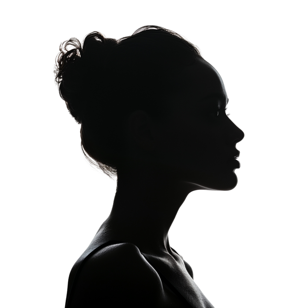 A serene silhouette of a woman's profile isolated on a transparent background png