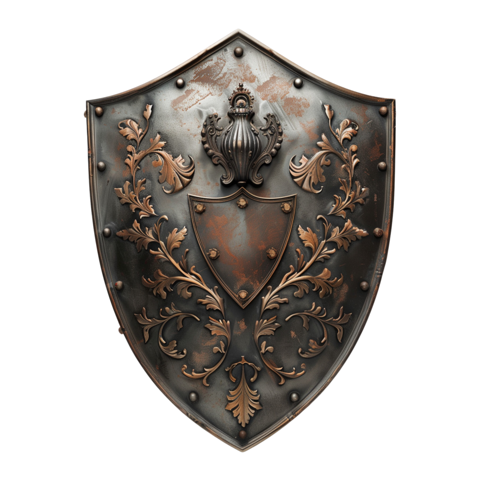 A historical metal shield with a coat of arms, isolated on a transparent background png