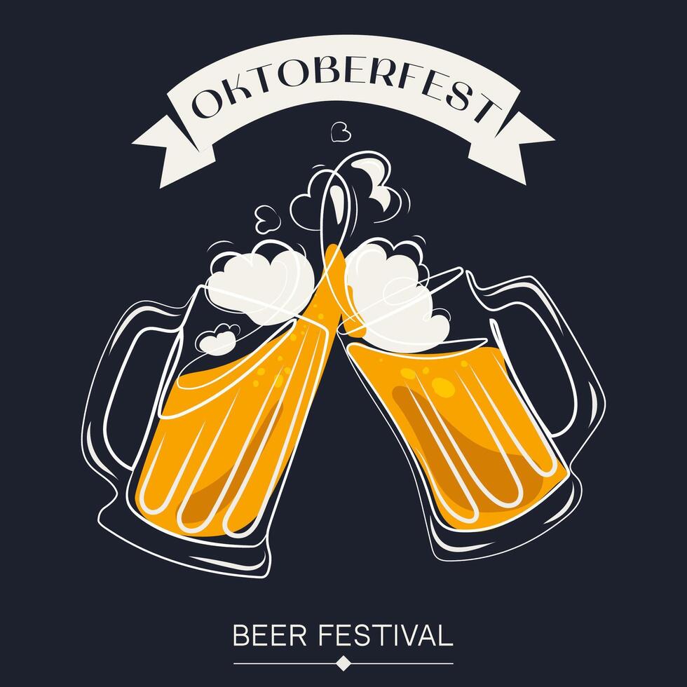 Beer cheers Oktoberfest concept illustration. Two Beer glasses clink with foamy splashes poster banner flyer template background, for Pub, bar, menu .Toasting mugs abstract line drawing. Cheers vector