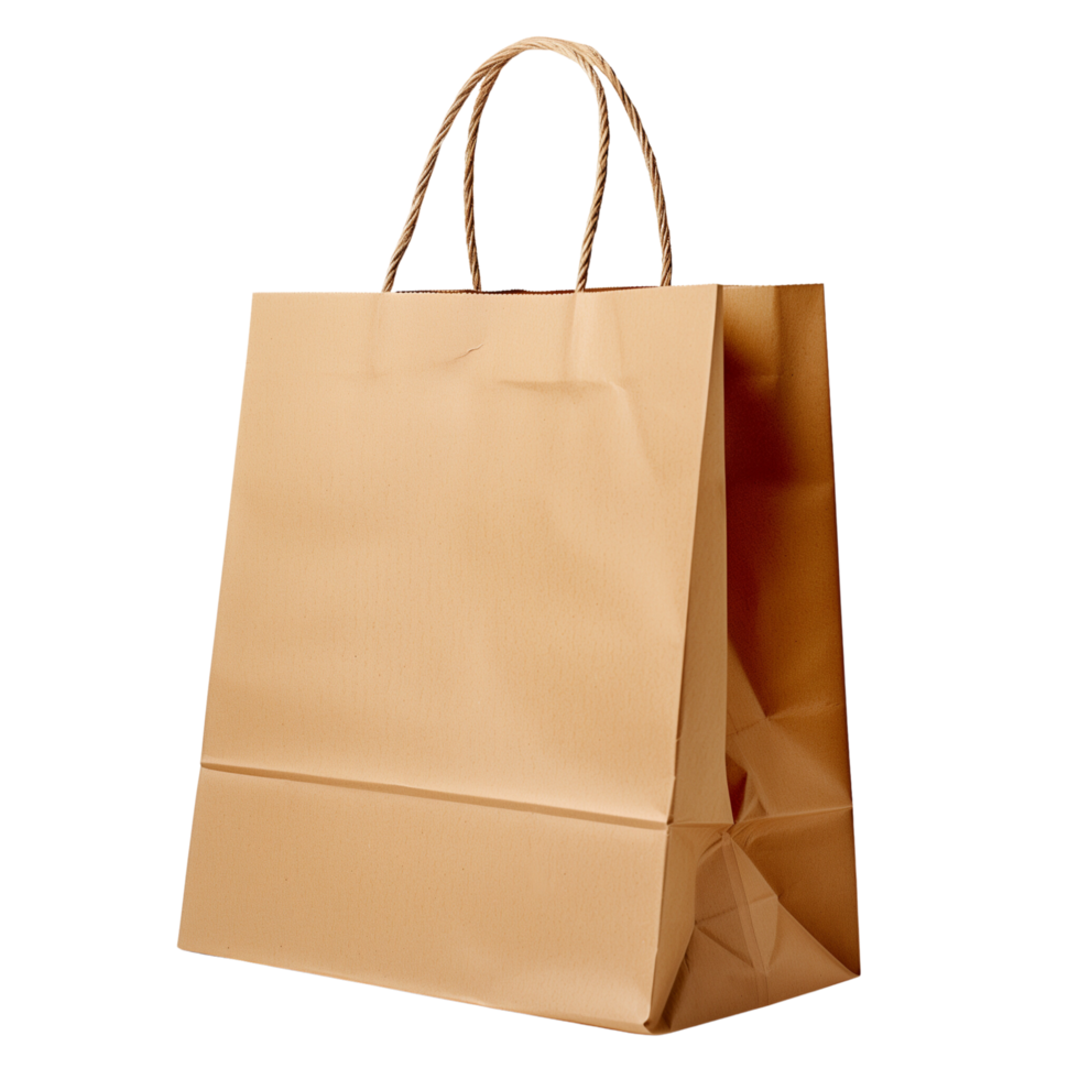 A side view of a blank eco-friendly recyclable shopping paper bag isolated on a transparent background png