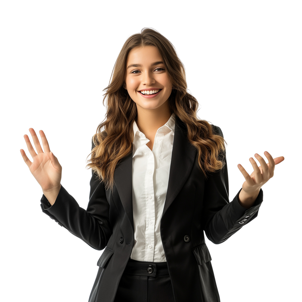 A successful businesswoman in a formal suit, gesturing positively and smiling, isolated on a transparent background png
