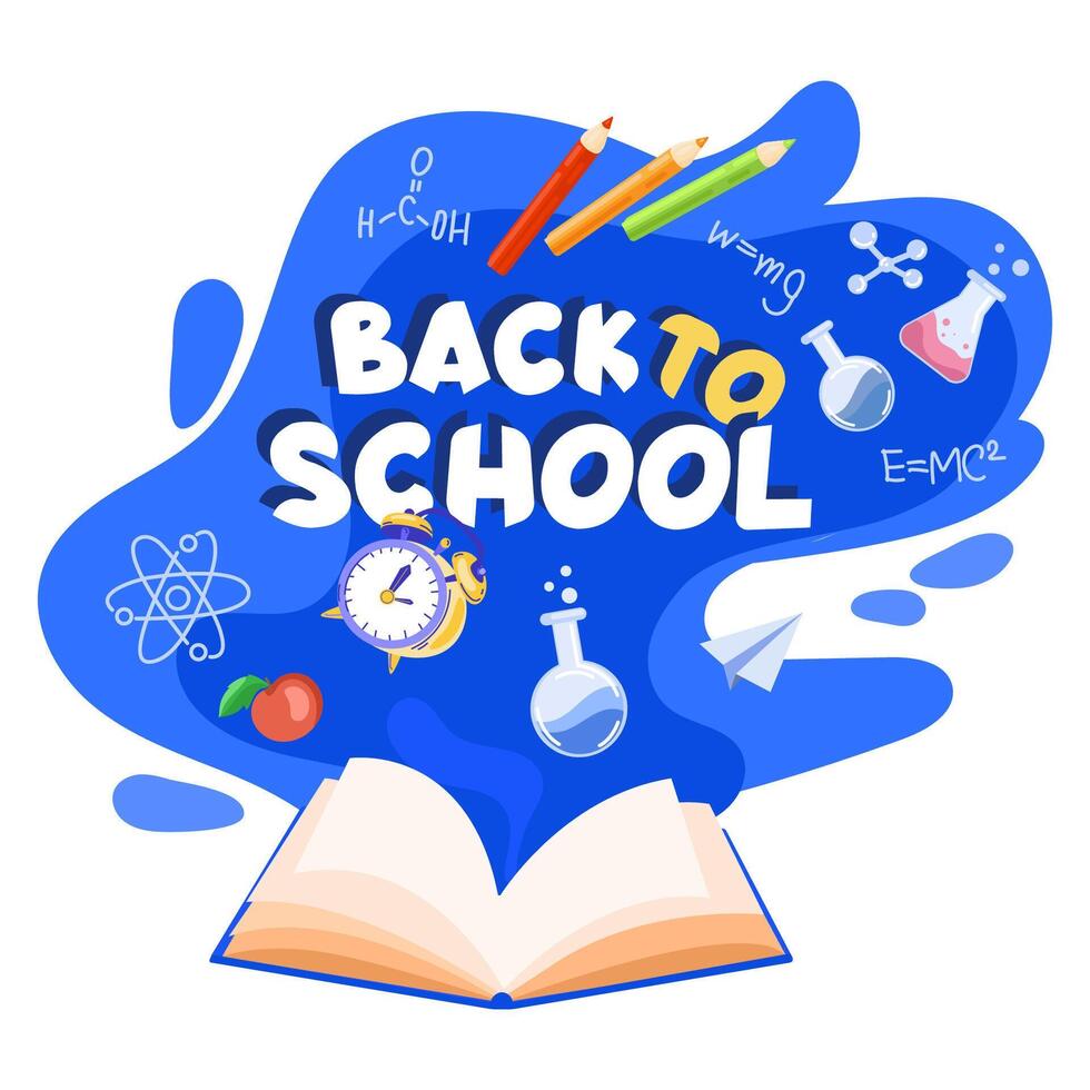 Back to school concept illustration with open book and text Back to school and supplies and simple formulas. Knowledge Day illustration.Education poster,banner,social media template banner vector