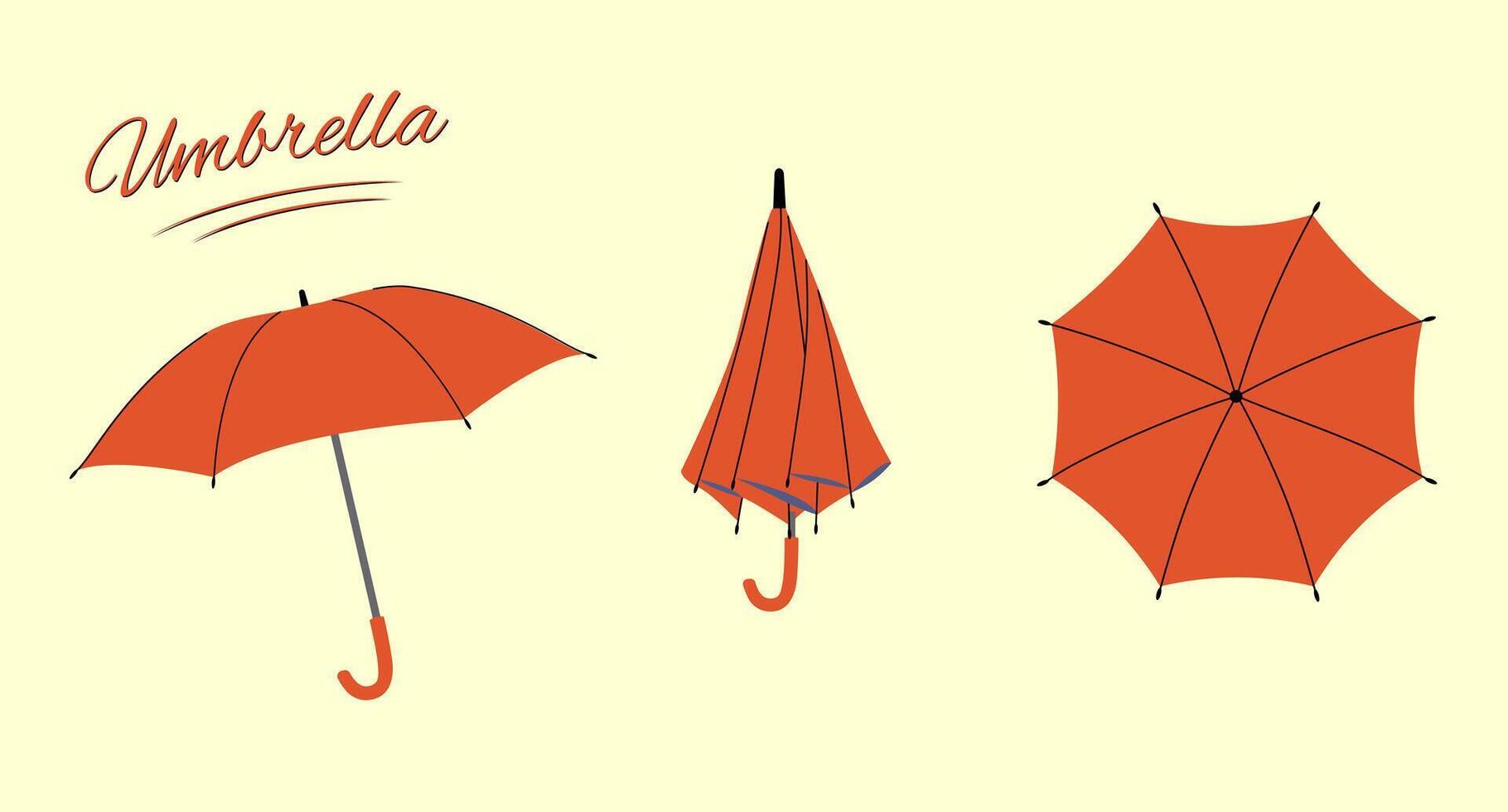 Flat style umbrellas. Opened, and folded umbrellas. Rain protection parasols suitable for rainy weather. Isolated Illustration on a light background vector