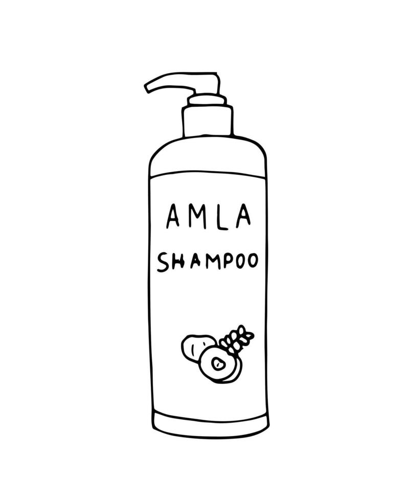 Amla shampoo. Hand-drawn shampoo bottle. Indian gooseberry. Hand-drawn illustration isolated on white background. vector