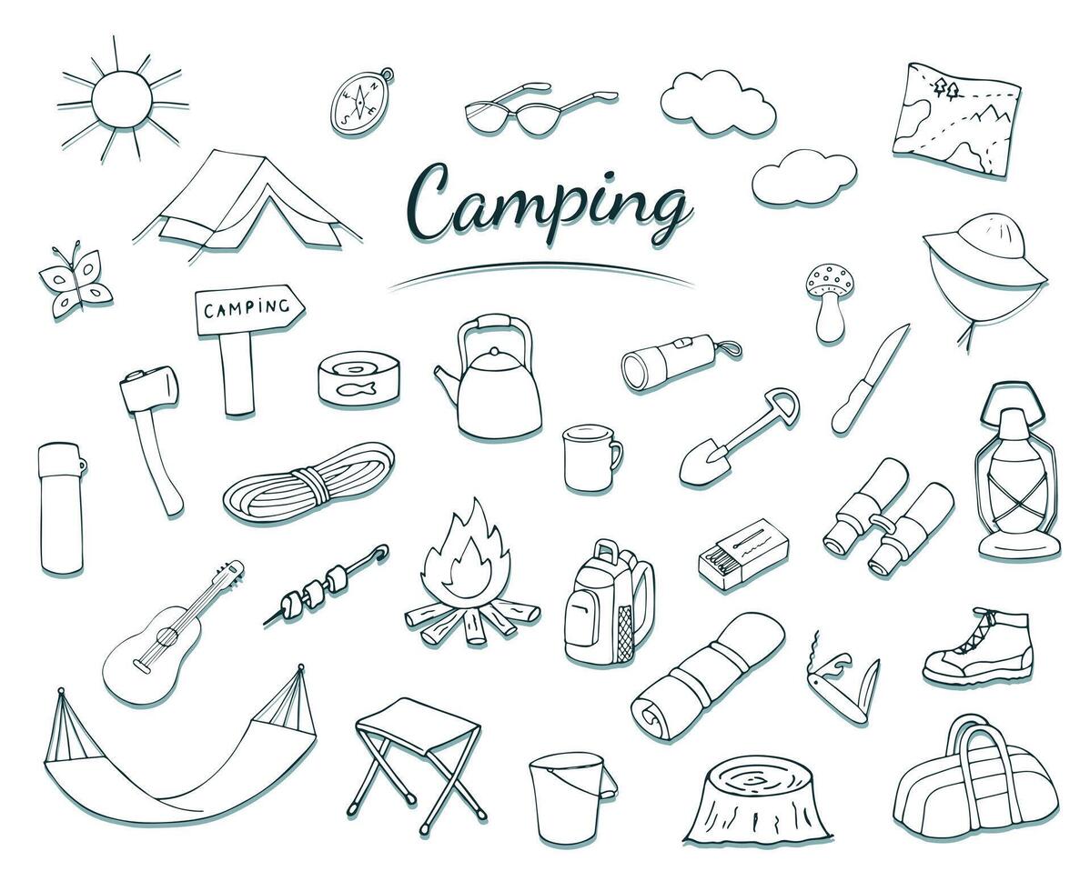 Camping set in doodle style. Hiking, trekking, travel, tourism concepts, Hand drawn illustration. Isolated design elements on white. vector