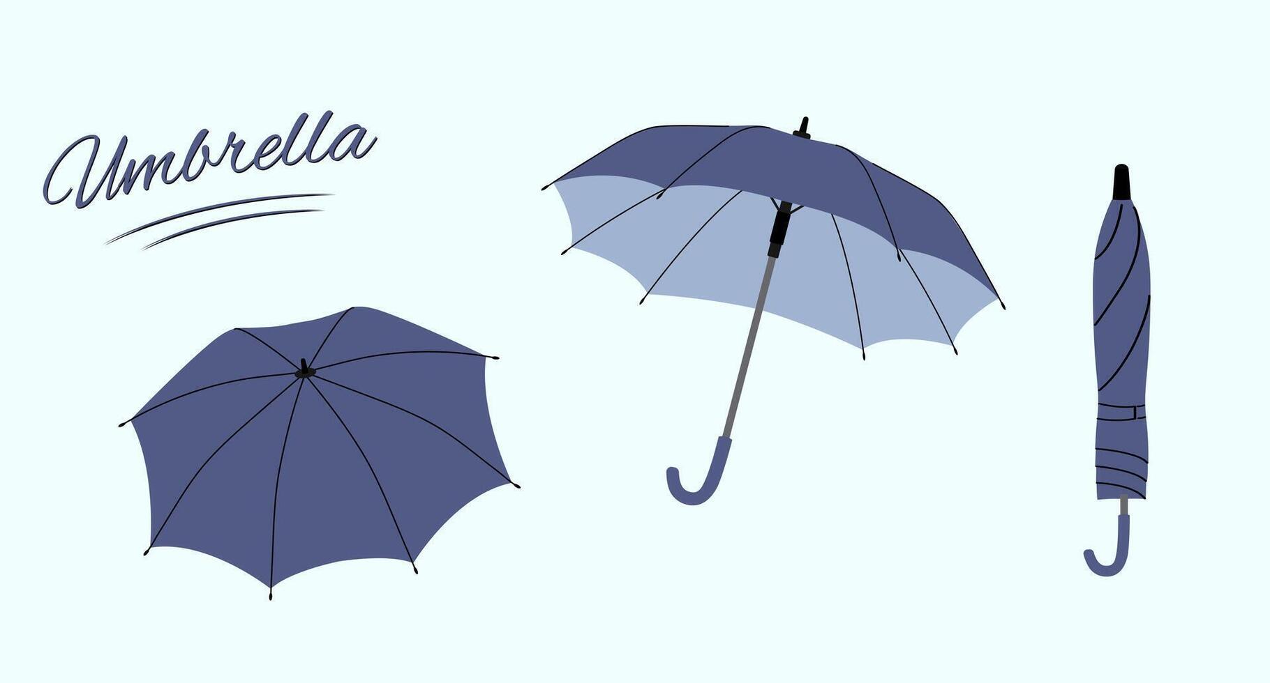 Flat style umbrella. Set of umbrellas in various positions. Open and folded umbrella. vector