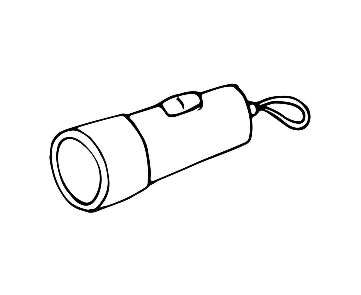 Flashlight in doodle style. Hand-drawn pocket portable lantern. Camping tool. Isolated on white. vector
