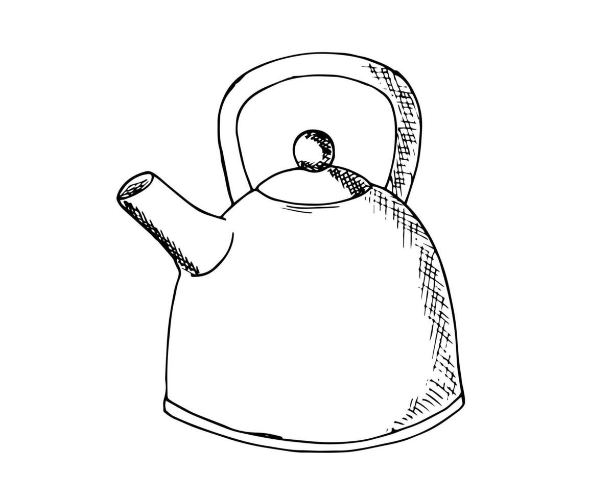 Hand-drawn kettle in sketch style. Kitchenwear. Isolated illustration of a kitchen appliance. vector