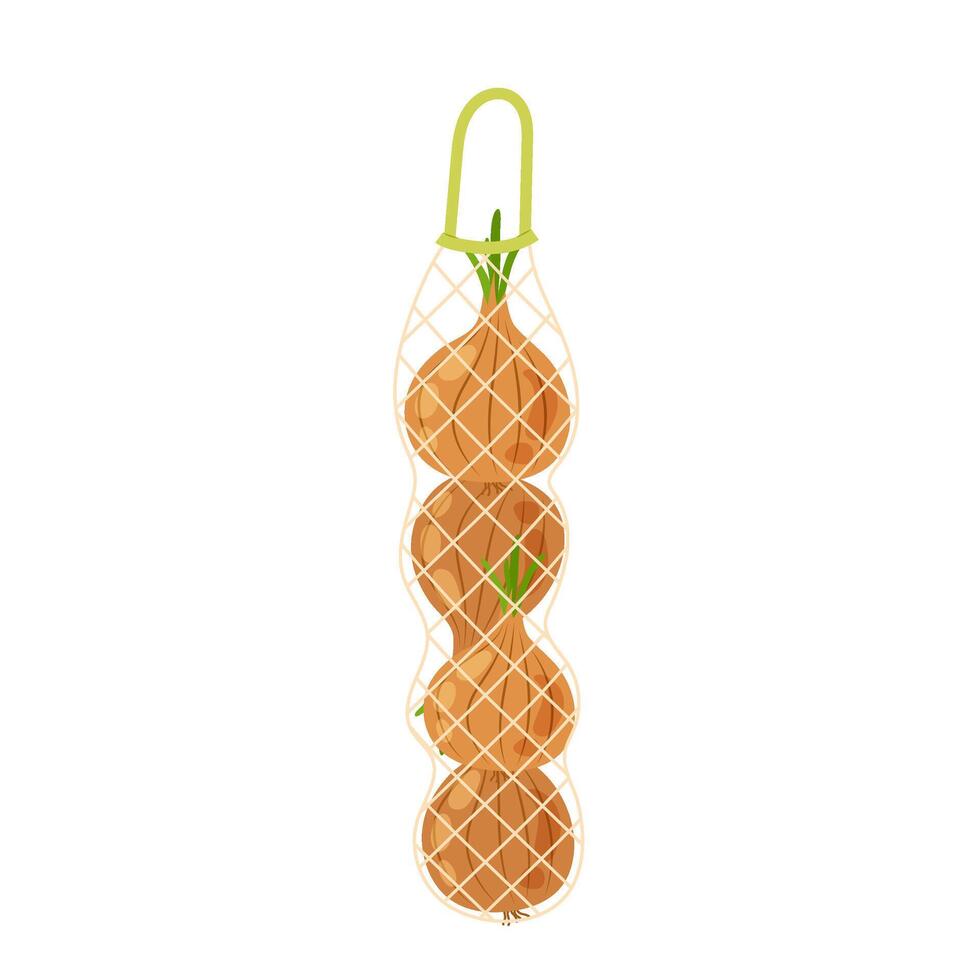 Onions. Onions in a mesh bag. Onion heads in a bag. Organic farm vegetables. Illustration in flat style on white background vector