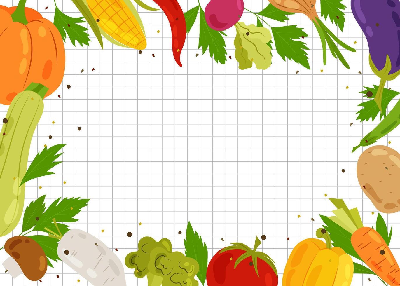 Background with different vegetables in flat style. Healthy food, seasonal vegetables. Background for inscriptions, banners, layouts, recipes. Cartoon background with vegetables. vector