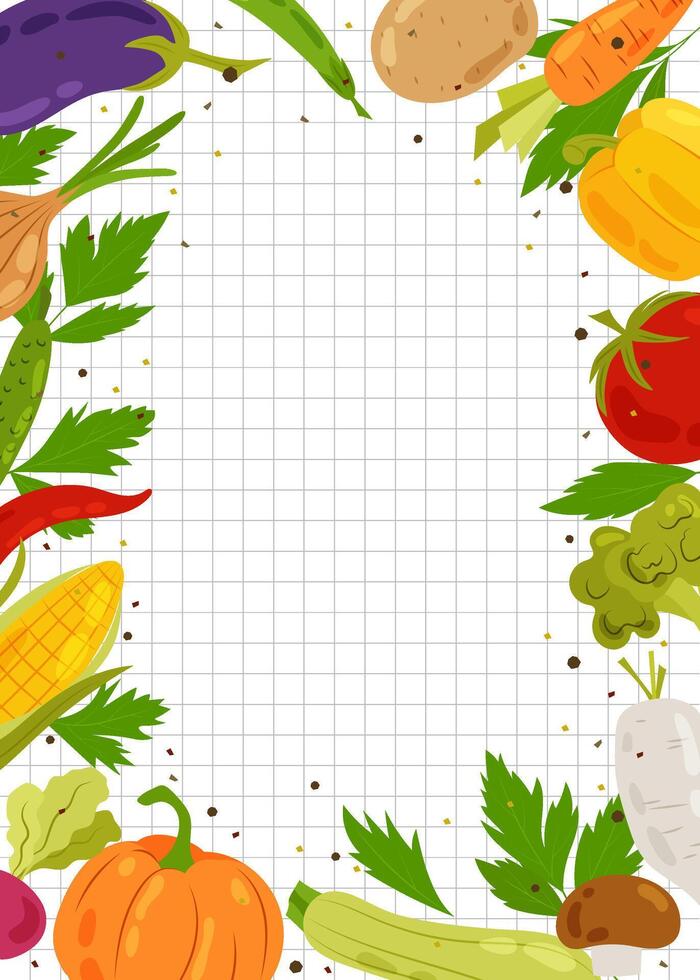 Background with different vegetables in flat style. Healthy food, seasonal vegetables. Background for inscriptions, banners, layouts, recipes. Cartoon background with vegetables. vector