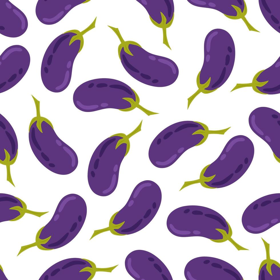 Seamless pattern with eggplant in flat style on white background. Healthy food. Cartoon eggplant in flat style. Vegetable. Pattern for textile, wrapping paper, background. vector