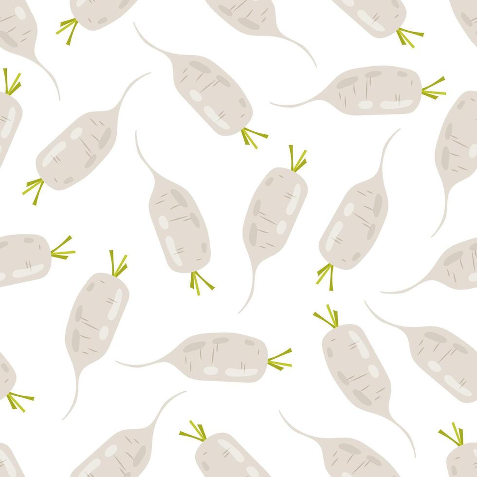 Seamless pattern with radishes in flat style on white background. Healthy food. Cartoon radishes in flat style. Fresh radishes. Root vegetable. Pattern for textile, wrapping paper, background. vector