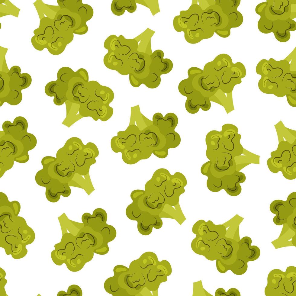 Seamless pattern with broccoli in flat style on white background. Healthy food. Cartoon broccoli in flat style. Vegetable. Pattern for textile, wrapping paper, background. vector